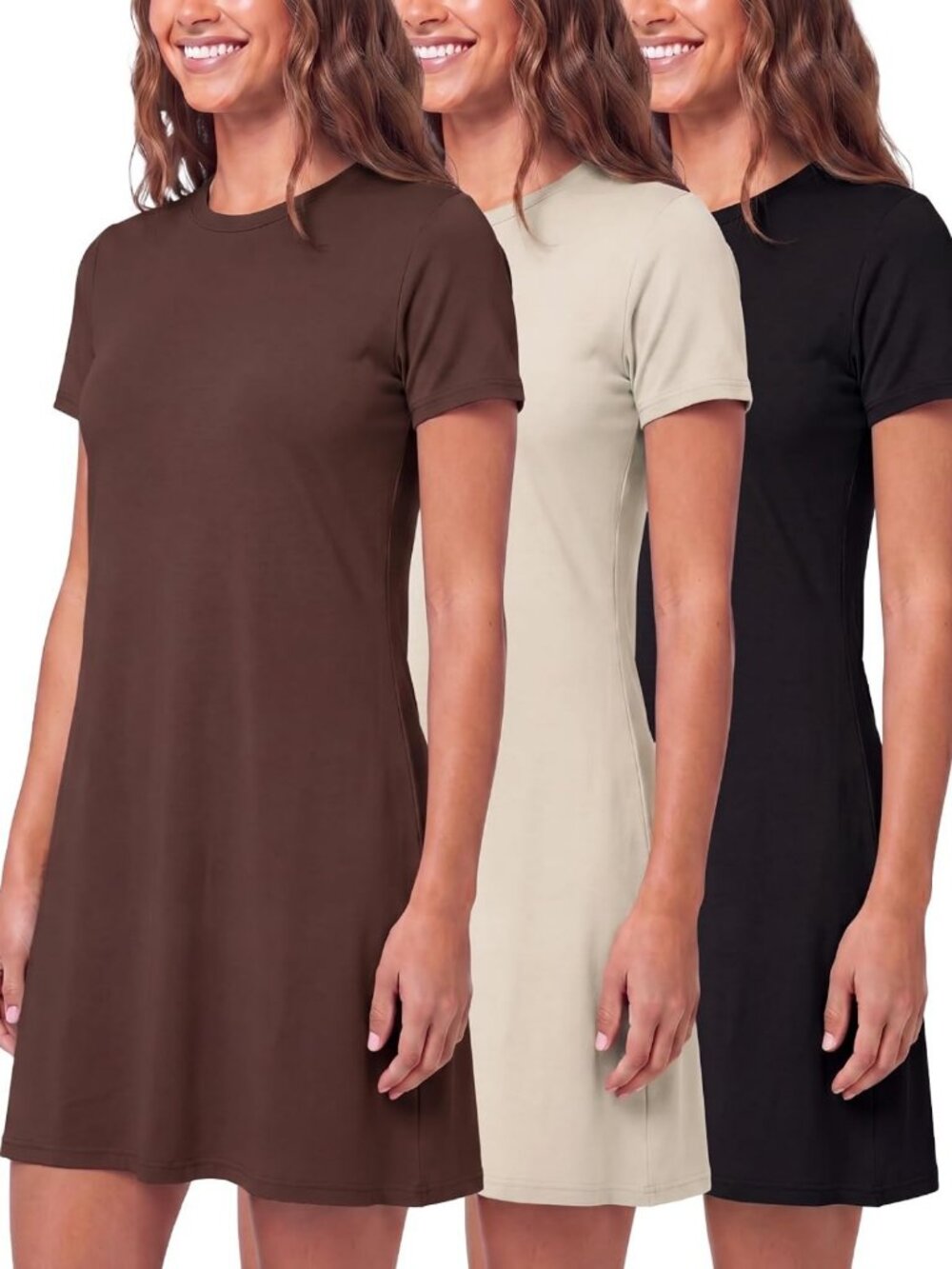 3 Pack Casual Women's Midi T-Shirt Dresses with Pockets - Short Sleeve Style